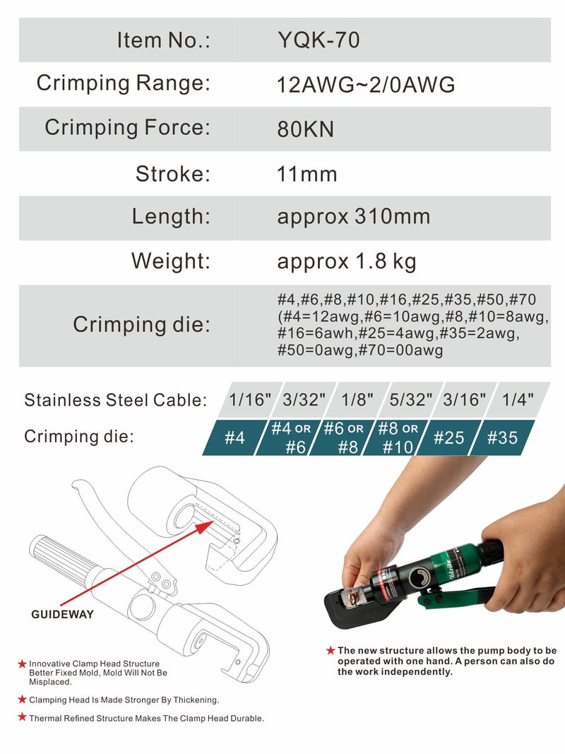 UTZIKO Hydraulic Cable Lug Crimper 10 US TON 12 AWG to 00 (2/0) Electrical Terminal Cable Wire Tool Kit with 9 Die (12awg~00awg Crimping Tool) - Image 2